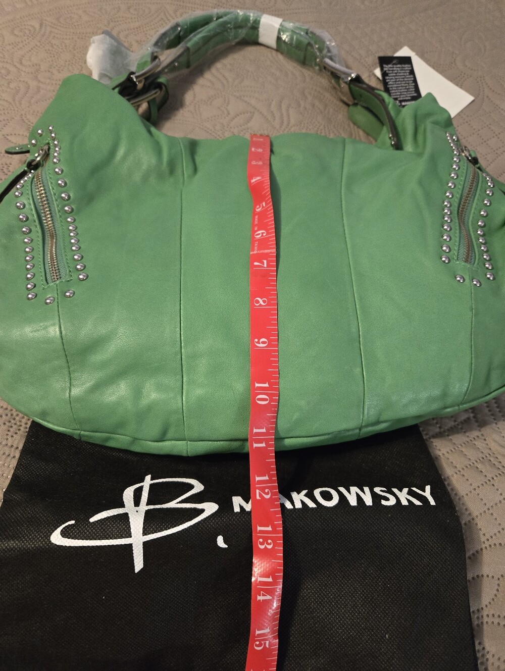 B. Makowsky Leather Green Stud-Accent Hobo Bag, New - Picture 6 of 6
